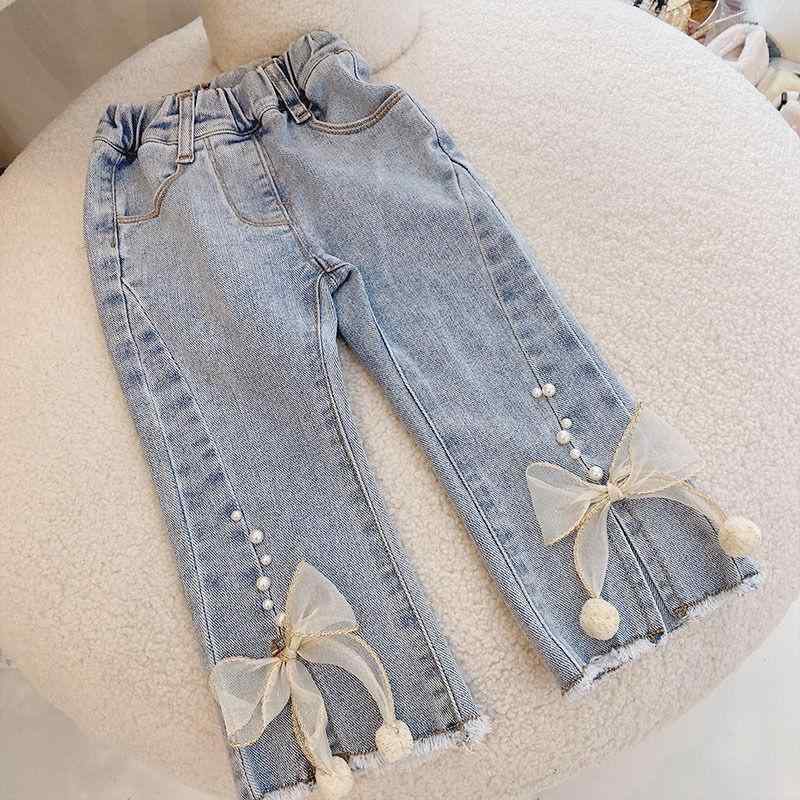 パンツ 女の子 キッズ 子供服 やわらか コットン ゆったり デニム ジーンズ ワイドパンツ パール リボ..