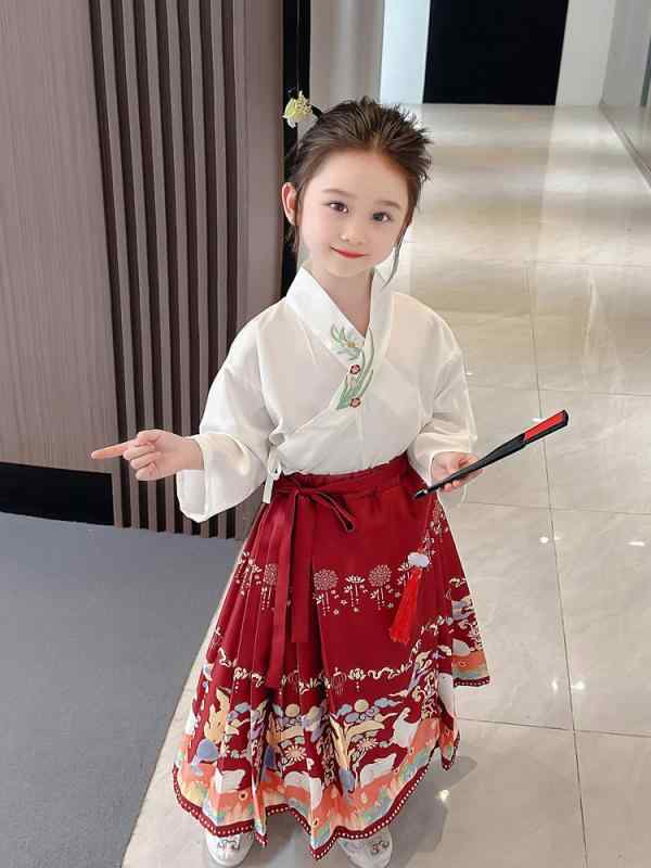 唐装 キッズ 女の子 春秋 中国風 かわいい 花柄 プリンセス 馬面スカート 襦裙 2点セット 切り替え 柔..