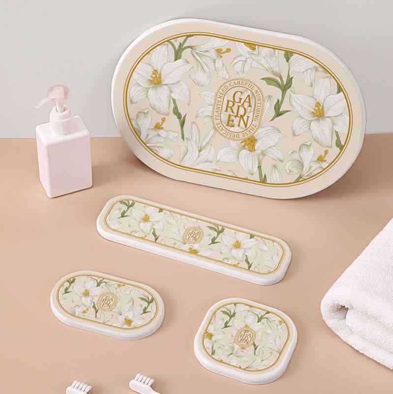 吸水マット 珪藻土 速乾 花柄 円形 スクエア バスルーム 洗面所 洗面台 ソープディッシュ 歯ブラシスタンド コースター セット アメリカンスタイル