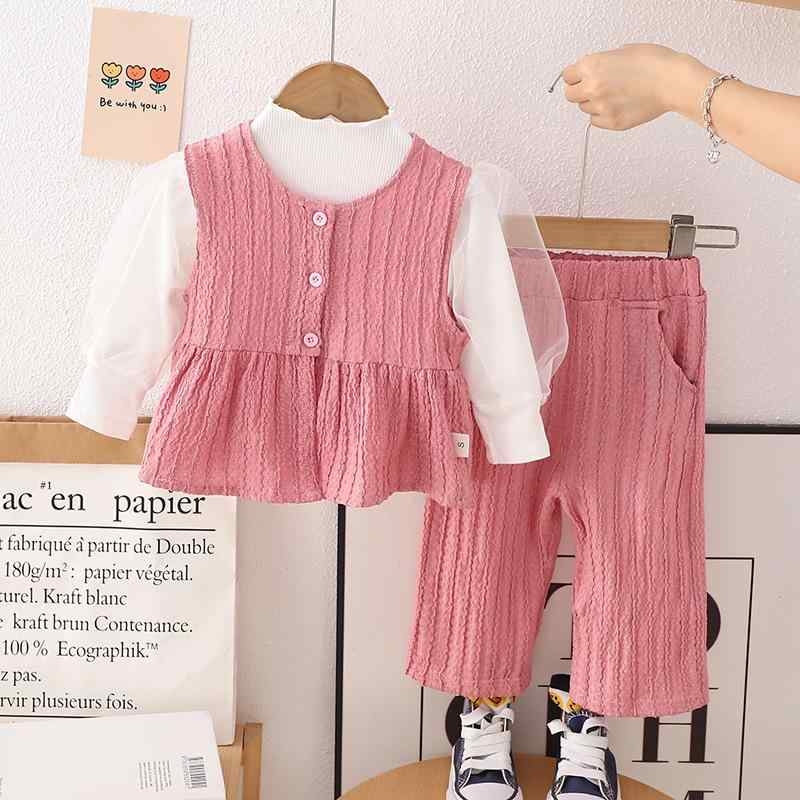 セットアップ 女の子 ベビー 子供 春秋 韓国風 かわいい おしゃれ 柔らかい 綿素材 3点セット キャラクター柄 アウター ロングパンツ 長袖 お出かけ 外出着 1-3歳 乳幼児向け ピンク イエロー