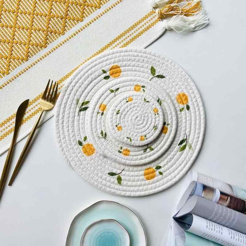 鍋敷き ランチョンマット コースター 北欧風 おしゃれ かわいい 耐熱 断熱 コットンロープ 編み込み 丸..