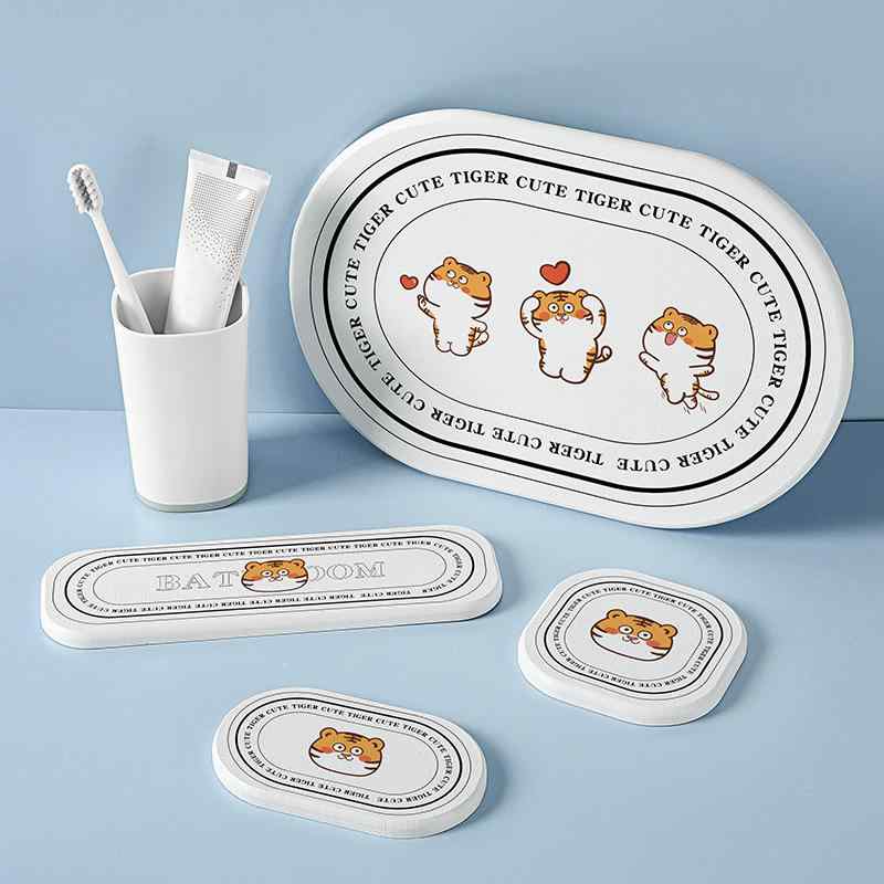 珪藻土 天然 トラ柄 吸水 速乾 コースター ソープディッシュ 洗面所マット 3点セット かわいい おしゃれ 浴室 洗面所 水回り