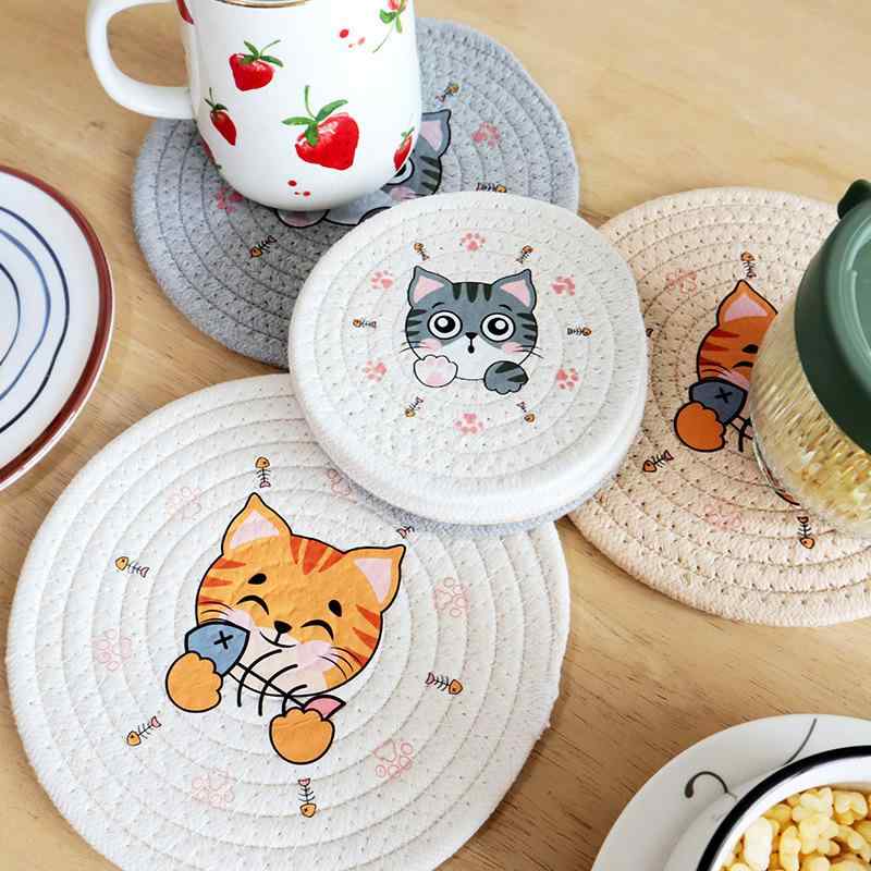 鍋敷き おしゃれ かわいい 猫柄 プリント 断熱 コットンロープ編み込み 丸型 モダン コースター ランチョンマット キッチン インテリア 綿 ポリエステル 4色セット
