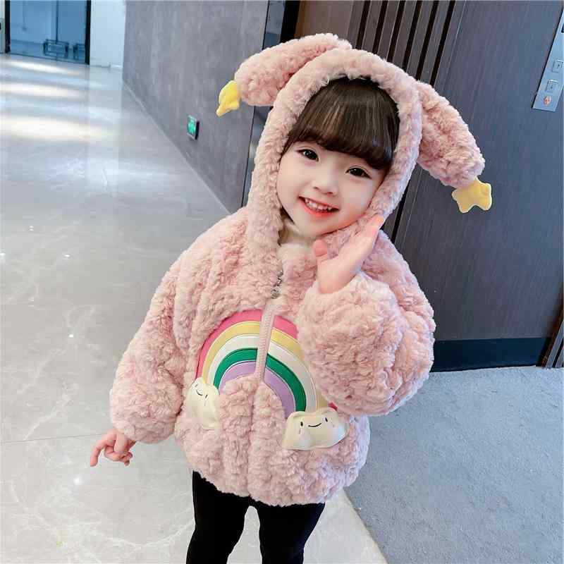 アウター キッズ 女の子 ガールズ 冬物 防寒 厚手 フード付き ボアコート もこもこ 暖かい レインボー ..