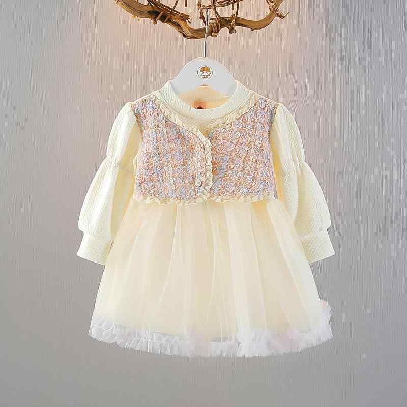 ワンピース ベビー キッズ 女の子 長袖 かわいい おしゃれ 綿混素材 ふんわりチュール プリンセス風デザイン 春秋 A類安全基準 肌に優しい ピンク イエロー 1歳 2歳 3歳 普段着 お出かけ