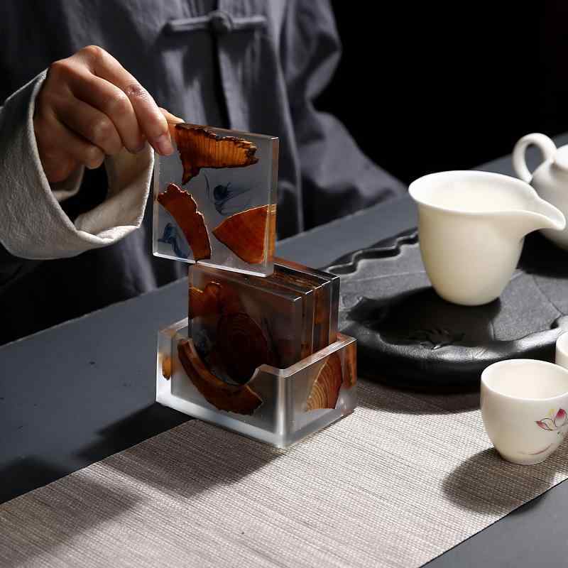 コースター 松材 無垢材 竹製 樹脂 年輪デザイン 円形 四角 中華風 おしゃれ 卓上 ポット置き 中国茶 キャンドル カップ用 家庭用 リビング ダイニング トレイ(x2)