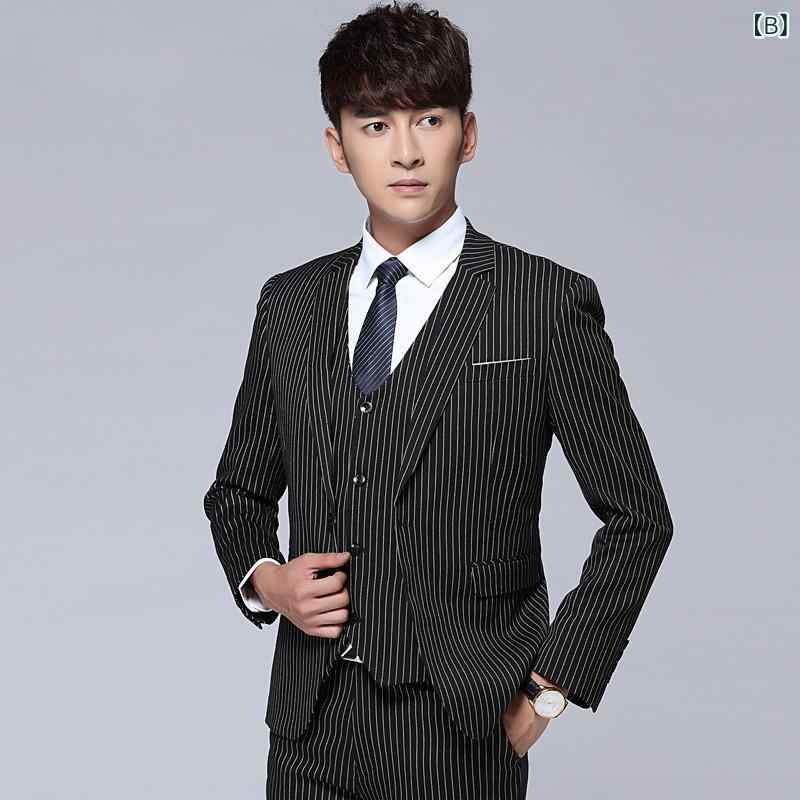 スーツ メンズ 男性用 スリムフィット 縦ストライプ ブリティッシュスタイル 一つボタン スリーピース セットアップ 新郎 結婚式 礼服 フォーマル ビジネス 通勤 カジュアル パーティー 混紡素材 レーヨン 秋冬 ネイビー 黒