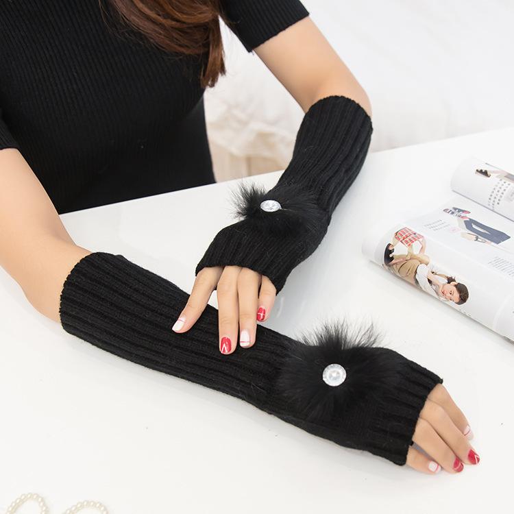 手袋 レディース 秋冬 保温 防寒 通勤用 アクリルニット ハーフフィンガー 指なし手袋 ラインストーン ..