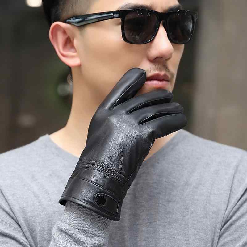 手袋 メンズ 男性用 保温 防寒 暖かい 羊革 本革 レザー 五本指 グローブ ボア裏地 秋冬 ボタン装飾 通勤 通学 ドライブ バイク ビジネス 黒 ブラック(x2)(4)