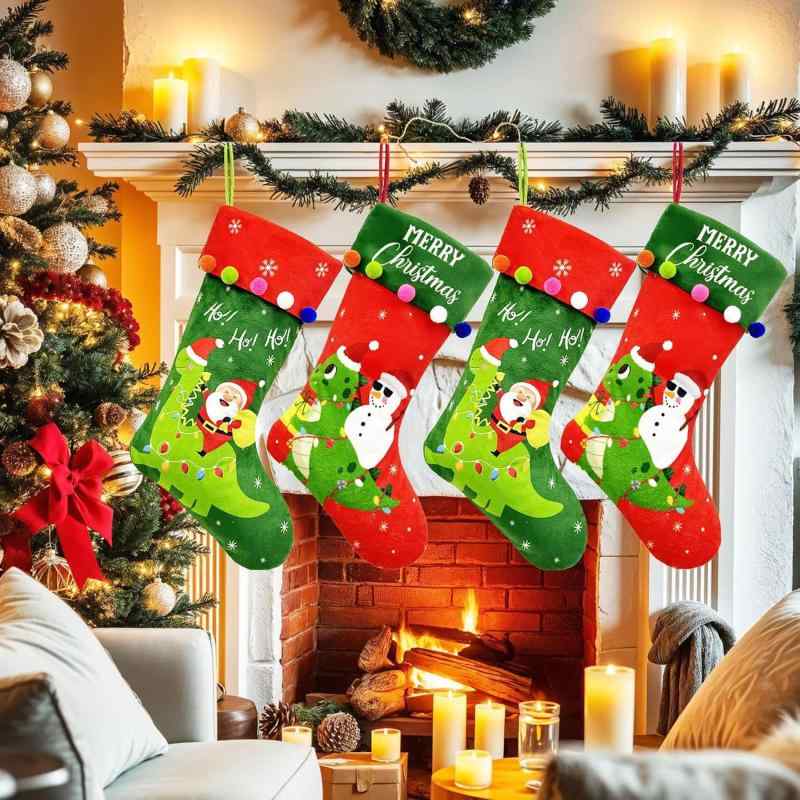 クリスマスオーナメント ペット用 恐竜モチーフ クリスマスソックス レッド グリーン 布製 ツリー飾り パーティー装飾 吊り下げ