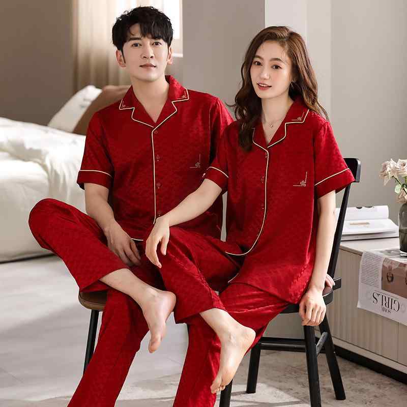 ルームウェア メンズ レディース カップル 接触冷感 シルク調 半袖 長パンツ セットアップ 高級感 Vネ..
