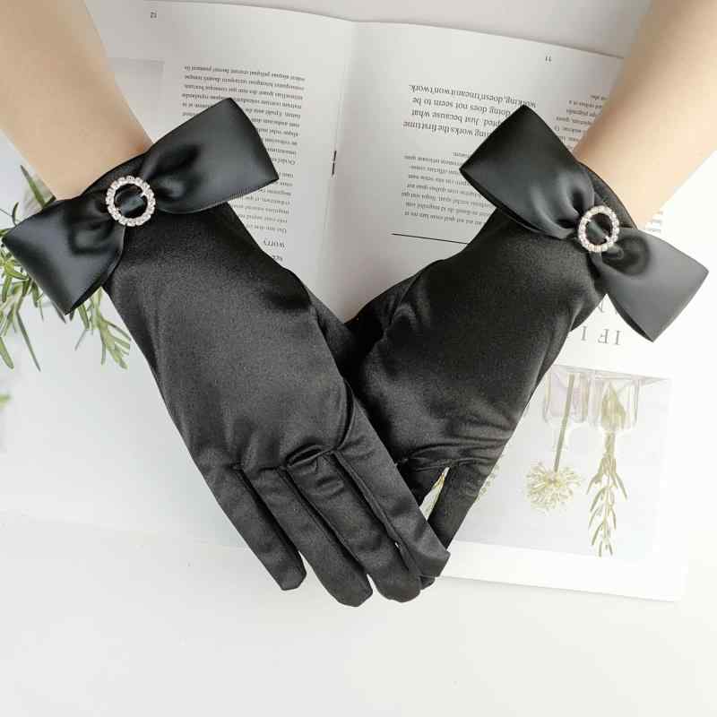 手袋 レディース 薄手 サテン 黒 レトロ 蝶々結び リボン ラインストーン パーティー 結婚式 披露宴 二..