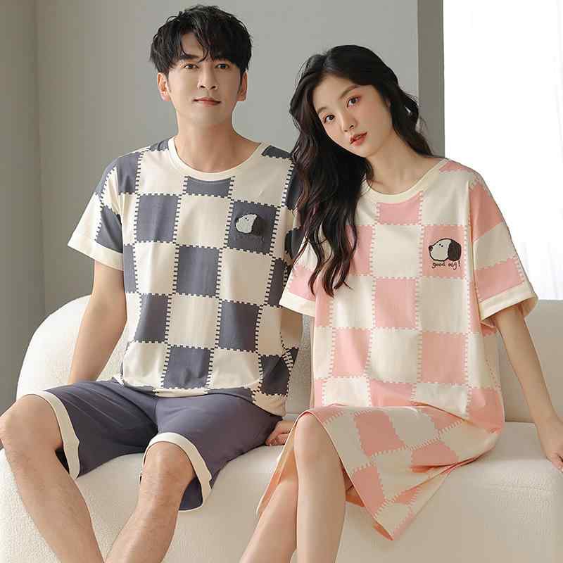 パジャマ ルームウェア カップル ペア メンズ レディース 夏用 薄手 接触冷感 半袖 ショートパンツ 100%綿 大きいサイズ ミディ丈 ワンピース