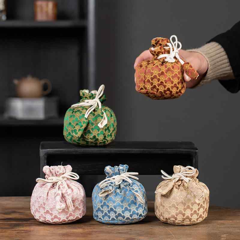 茶器収納ポーチ 錦織 綿麻 厚手 旅行 携帯 マイカップ 個人用茶杯 茶器入れ エレガント レッド グリー..