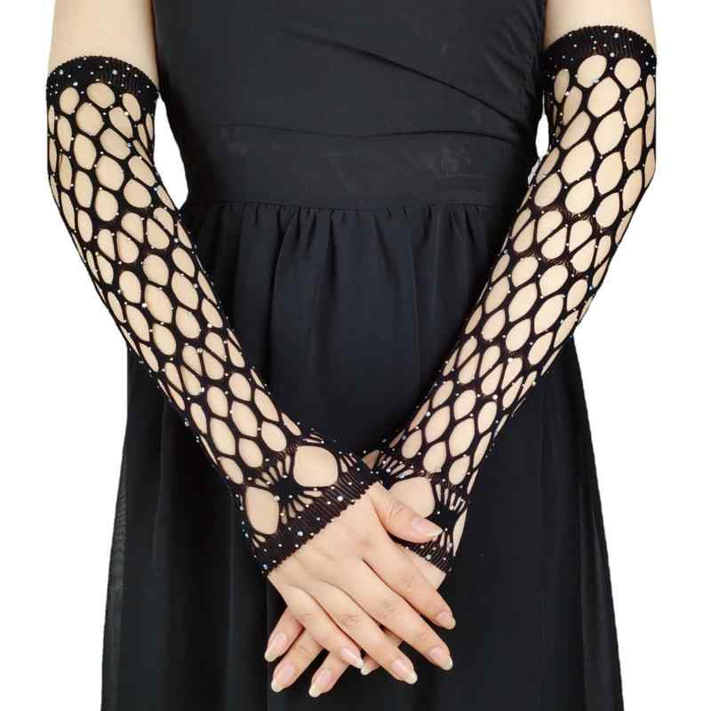 手袋 男女兼用 指なし ロング メッシュ 伸縮性 キラキラカラフルラインストーン ハロウィン コスプレ ..