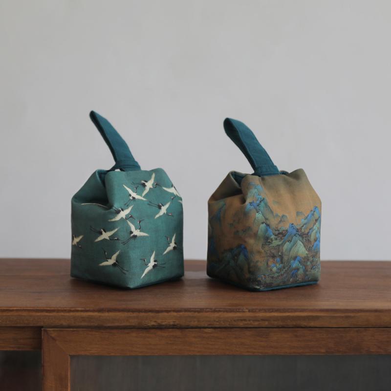 手作り 厚手 持ち運び 収納ポーチ 古画デザイン 新古典風 和モダン 旅行用 茶道具 茶葉缶 急須 湯呑み ..