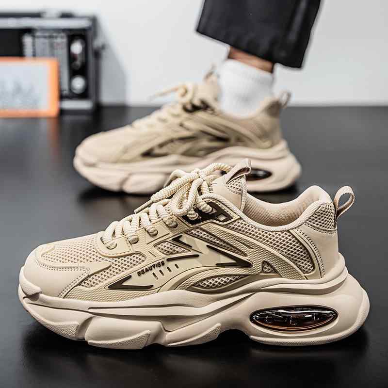 スニーカー メンズ 春夏秋 通気性 メッシュ 厚底 ダッドシューズ 身長アップ スポーツカジュアル ランニング 滑り止め 中学生 PU ゴム底 ローカット ラウンドトゥ レースアップ レザー切り替え