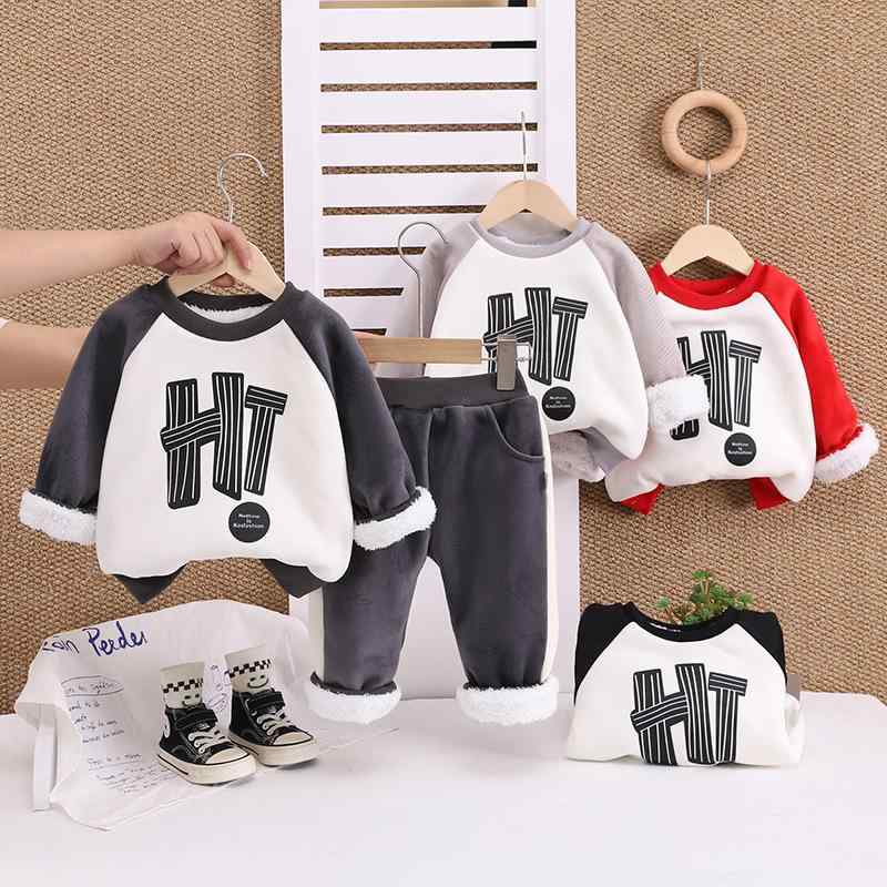 上下セット 男の子 ベビー キッズ 幼児 秋冬 裏起毛 厚手 レター 切り替え おしゃれ かわいい スウェット 長袖 プルオーバー コットン 韓国風