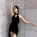 ラテンダンスウェア レディース 春夏 ホルターネック レオタード スカート セット 黒 ブラック 脚長効果 リボンフリル 通気性 ダンスレッスン着