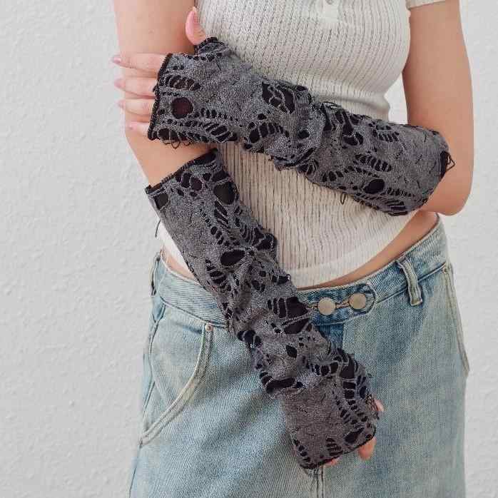 手袋 レディース Y2K ハロウィン 指なし ダメージ加工 オープンフィンガー グローブ ポリエステル ダー..