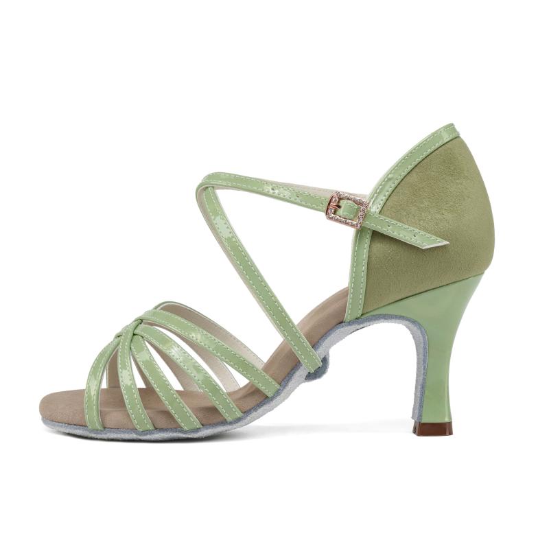 ラテンダンスシューズ レディース 大人用 プロ仕様 ミドルヒール ソフトソール 本革ソール シルクアッパー 切り替え 社交ダンス ルンバ チャチャ グリーン オールシーズン