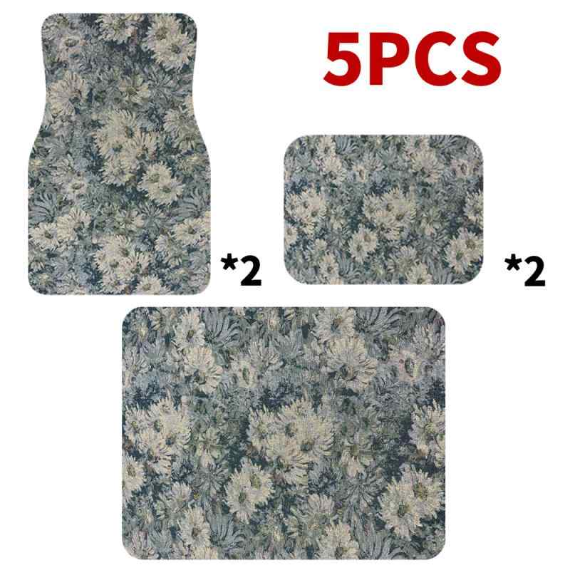 フロアマット 5点セット レトロ 油絵 ひまわり柄 耐摩耗性 防塵 汎用 ポリエステル製 ラゲッジマット ..
