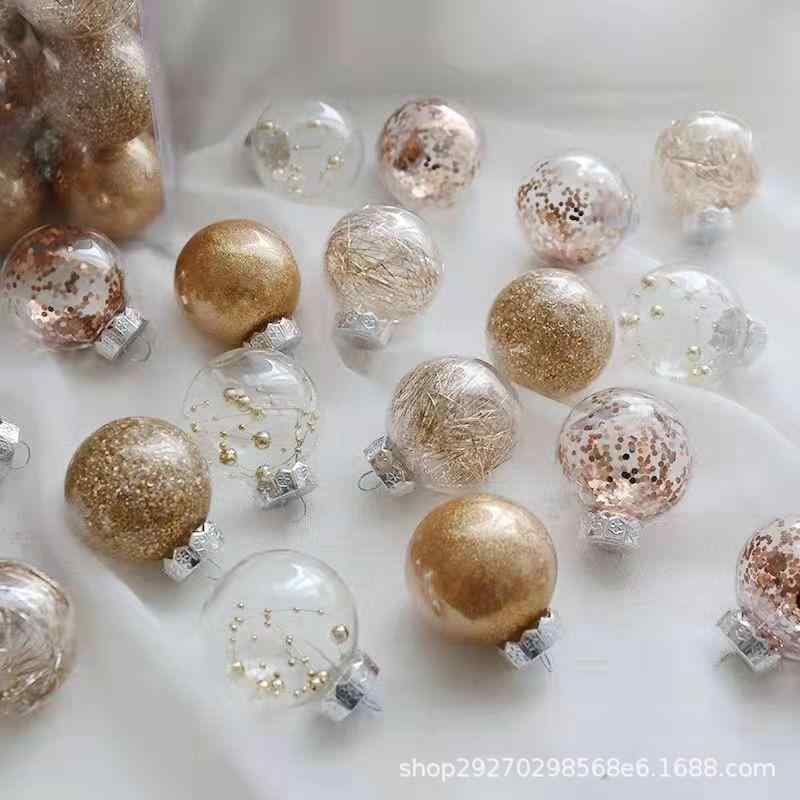 クリスマス オーナメント ボール 7cm 30個セット 透明 パウダー スパンコール リボン入り プラスチック..