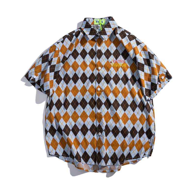 シャツ 男女兼用 綿100% ゆったり アメカジ アルファベット刺繍 アーガイル柄 半袖 翻襟 カジュアル ペア 春夏 ホワイト ブルー