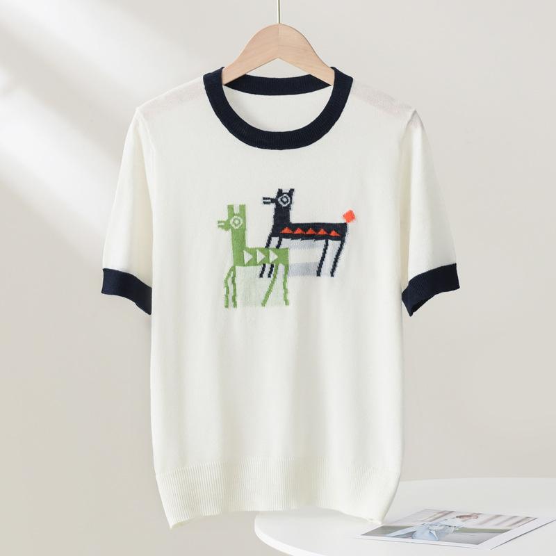 ニット レディース 春夏 通勤 オフィス クルーネック 精紡ウール 薄手 ゆったり 5分袖 小鹿柄ジャカー..