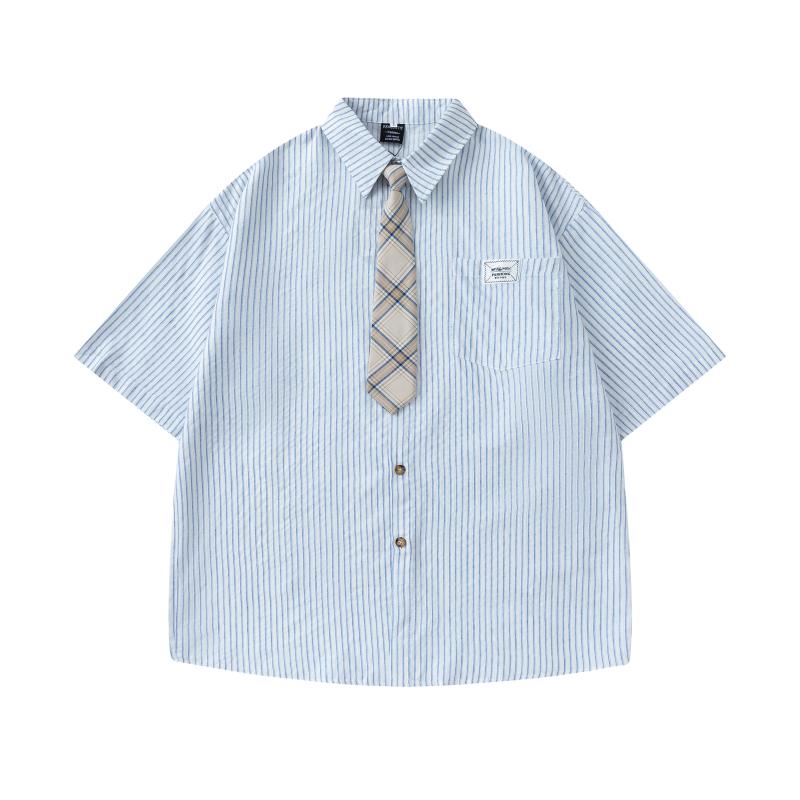 シャツ 男女兼用 形態安定 イージーケア 半袖 縦ストライプ ネクタイ刺繍 ポケット付き コットン素材 ..