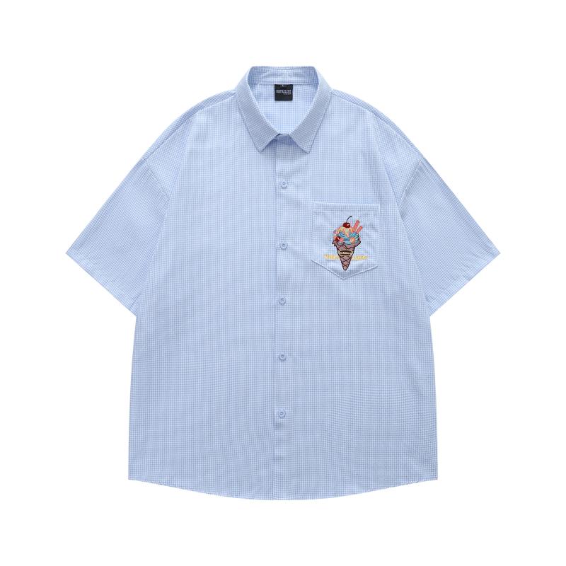 シャツ メンズ アメリカンレトロ アイスクリーム刺繍 チェック柄 半袖 ゆったり カジュアル 着回し カ..