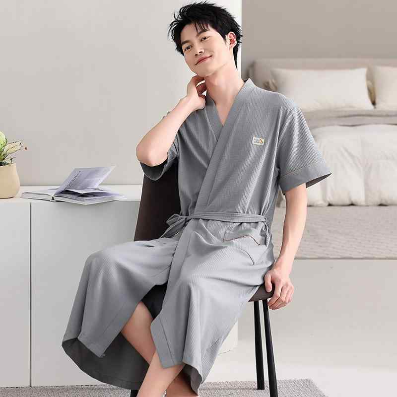 ルームウェア メンズ 薄手 軽量 純綿 コットン100% 肌触り快適 半袖 ガウン バスローブ オールシーズン 夏用 高級感 上品 エレガント ワンピース型 部屋着 パジャマ