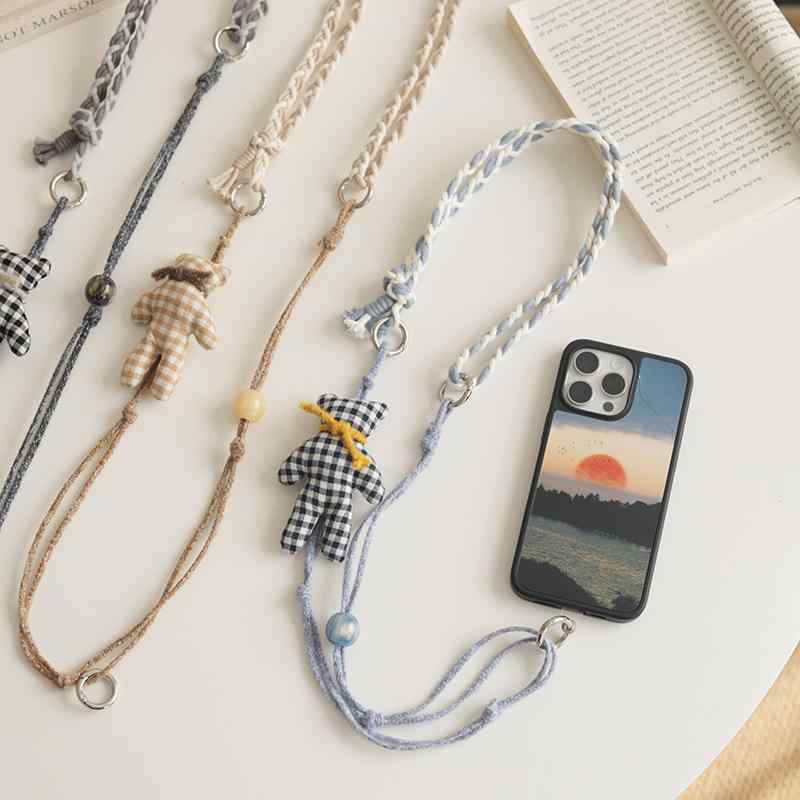 スマホショルダー ペア カップル 斜め掛け 首掛け ハンドロープ 着脱可能 長さ調節可能 コットン製 ロング ハート クマ 動物 キャラクター シンプル おしゃ...