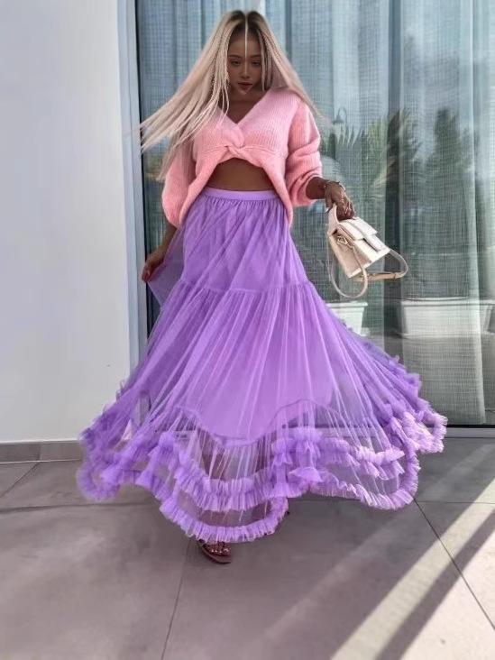 スカート レディース ボリュームフレア マキシ丈 Aライン チュール デザイン性 おしゃれ フリル フェミニン スウィート 無地 伸縮性