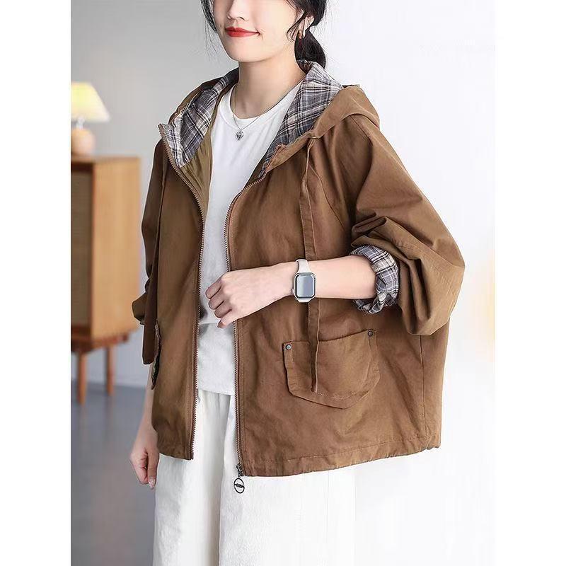 スプリングコート レディース フード付き ゆったり ルーズフィット 着痩せ効果 カジュアル 韓国風 通勤用 長袖 襟付き コットン素材 フリーサイズ