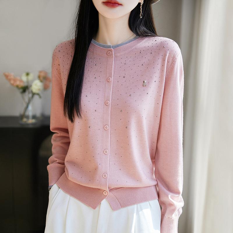 ニット カーディガン レディース 通勤 春夏 シルク ウール ゆったり 切り替え ホットラインストーン ク..