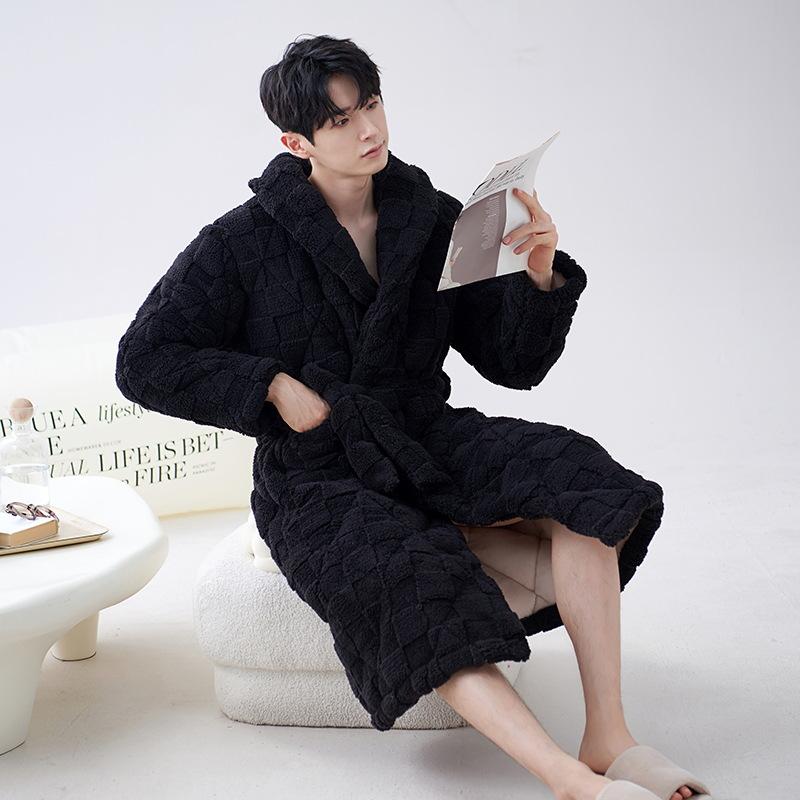 バスローブ メンズ 開襟 帯付き 中綿入り 保温 厚手 三層構造 サンゴフリース ロング丈 冬用 ルームウ..