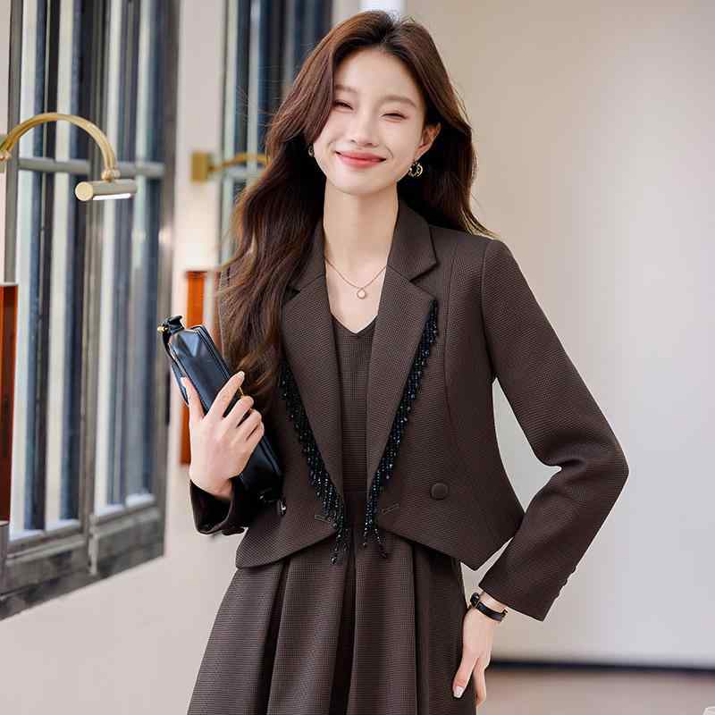 セットアップ レディース 春秋 おしゃれ エレガント 上品 ジャケット ワンピース 2点セット 通勤 オフィス 小柄 低身長 長袖 ミモレ丈 ポリエステル(4)