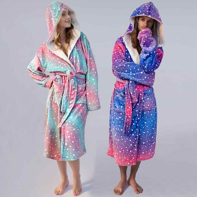 ルームウェア 男女兼用 あったか フランネル ボア 厚手 星空プリント フード付き ロング丈 部屋着 ペア カップル パジャマ バスローブ ガウン 寝巻き 秋冬