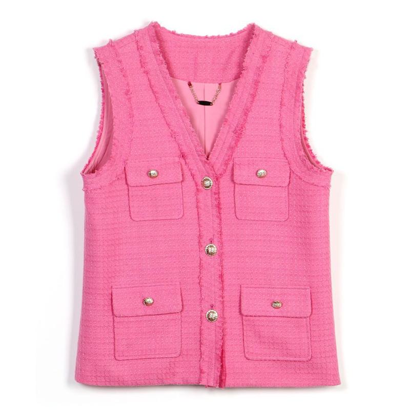 ベスト レディース ジレ 韓国風 ツイード 多ポケット メタルボタン Vネック ノースリーブ 春夏 上質 ポ..