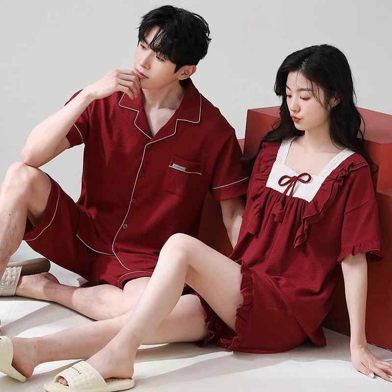 パジャマ カップル メンズ レディース 春夏 薄手 綿 通気性 涼しい 快適 結婚祝い 前開き 半袖 ネグリジェ セットアップ ルームウェア プリンセス レッド かわいい
