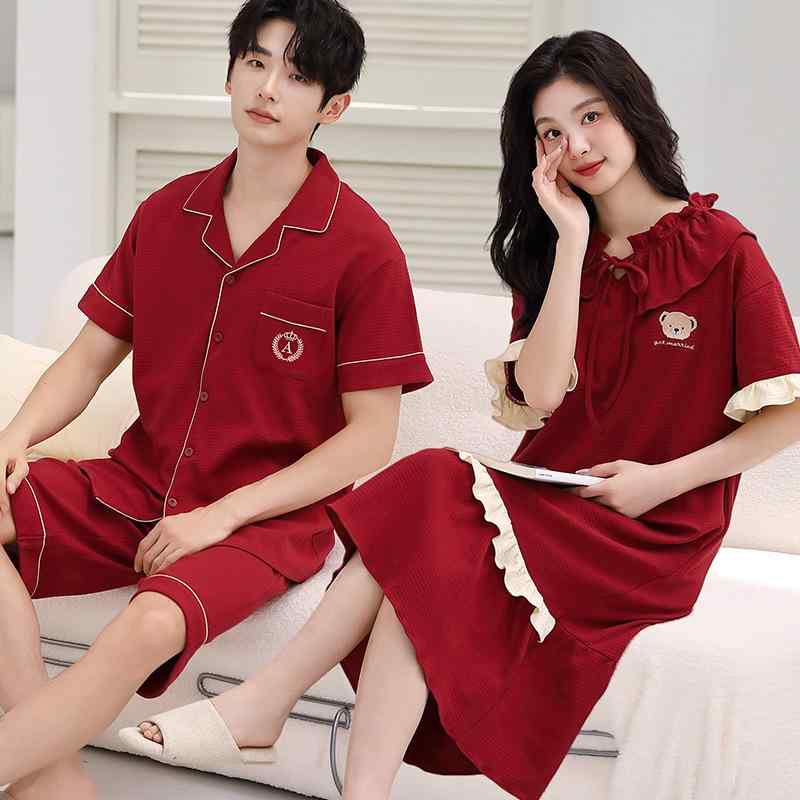 ルームウェア メンズ レディース 春夏 薄手 綿100% 純綿 通気性 快適 新婚 カップル 高級感 お祝い 真紅 半袖 上下セット パジャマ 寝巻き 部屋着ワンピース ネグリジェ