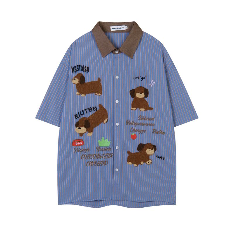 シャツ メンズ レディース ユニセックス アメカジ レトロ 配色切り替え タオル刺繍 子犬 ドッグ 半袖 ..