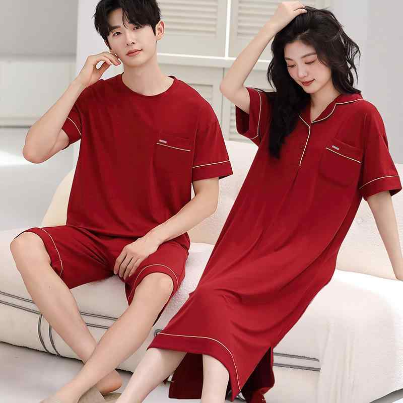 パジャマ メンズ レディース カップル 接触冷感 モダール混 半袖 ゆったり ショートパンツ ルームワンピース 結婚祝い レッド 部屋着
