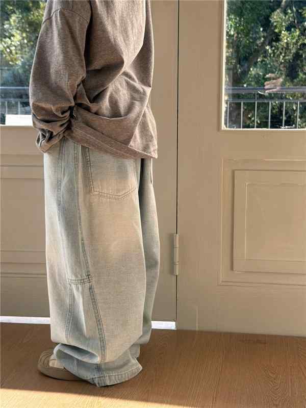 デニムパンツ キッズ 男の子 女の子 子供服 韓国風 レトロ ライトブルー 切り替え ウエストゴム ロング丈 春夏 ソフトな肌触り 綿混 通園 通学 普段着