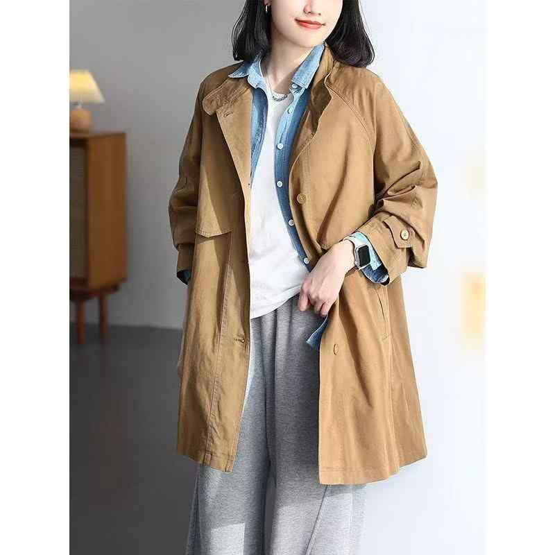 トレンチコート レディース 春 ミドル丈 綿 コットン カジュアル 着回し ゆったり 体型カバー 長袖 防風 襟付き オーバーサイズ 韓国風 スプリングコート カーキ グレー ベージュ 通勤 オフィス デイリー