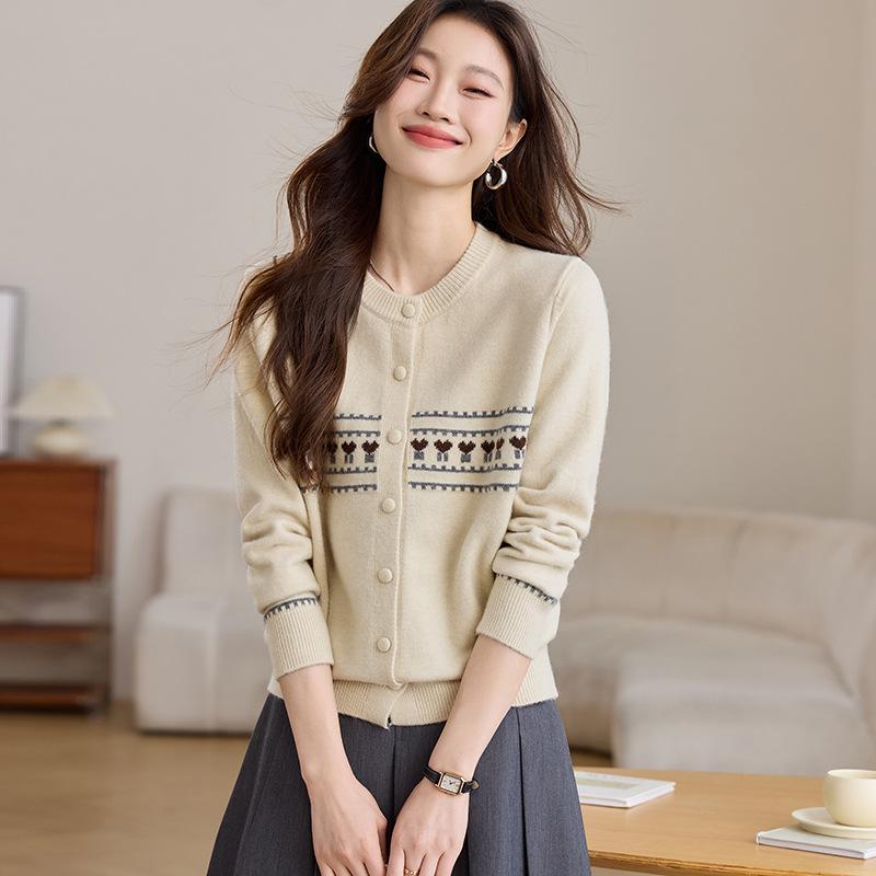 ニット レディース ソフトタッチ 柔らかい肌触り レトロ ジャガード織り ラウンドネック 長袖 カーディ..