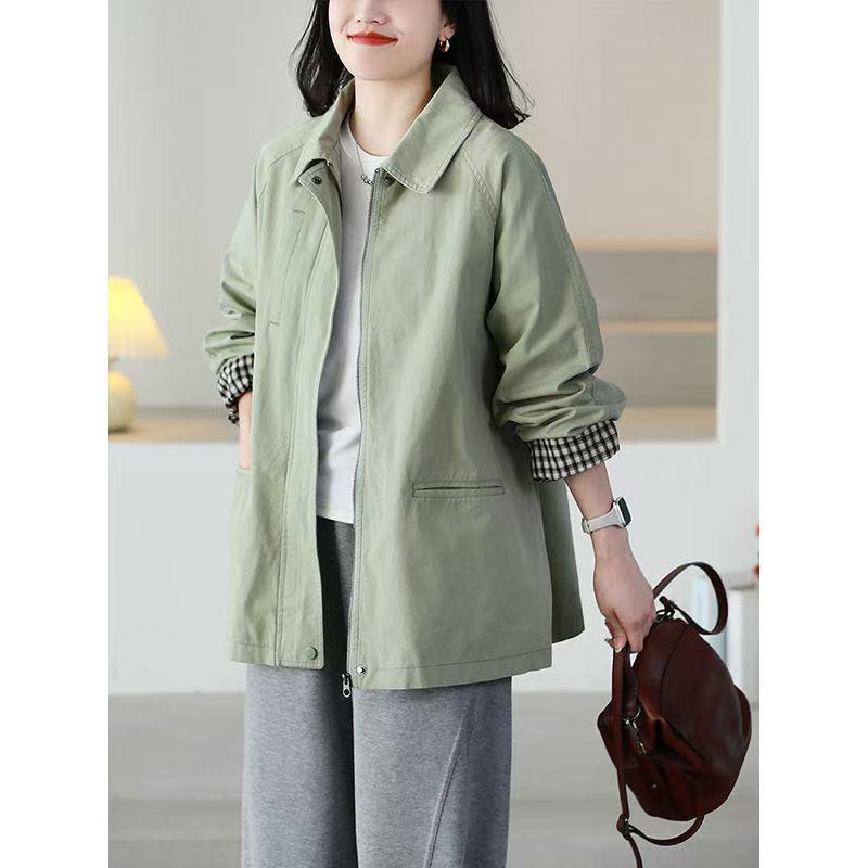 コート レディース 春夏 コットンスプリングコート 襟付き ゆったり ミドル丈 カジュアル 着痩せ効果 韓国風 通勤 オフィス デイリー レトロ風 フリーサイズ グリーン ブラック ベージュ