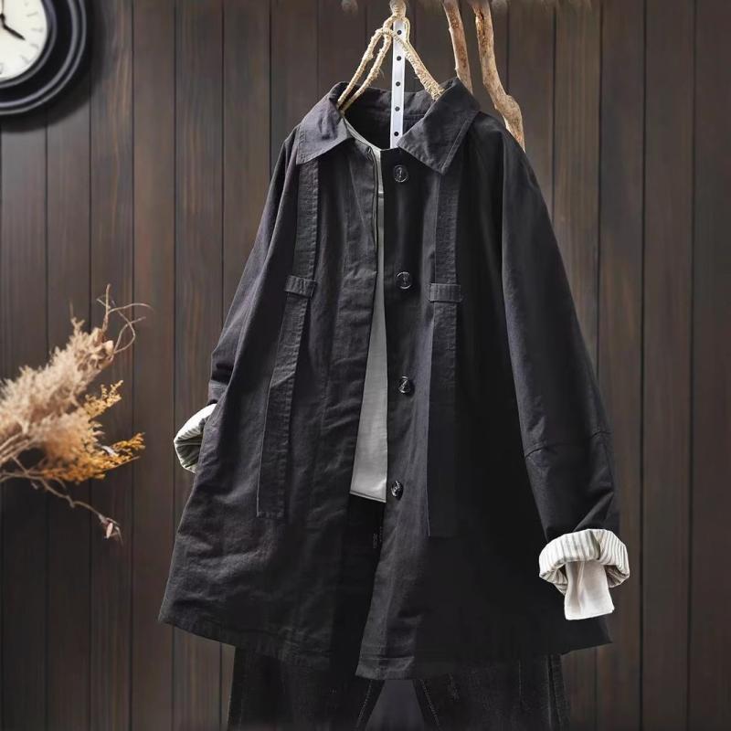コート レディース 綿 スプリングコート 襟付き ミドル丈 長袖 ゆったり コットン アウター レトロ クラシカル カジュアル 通勤 オフィス お出かけ フリーサイズ 春夏