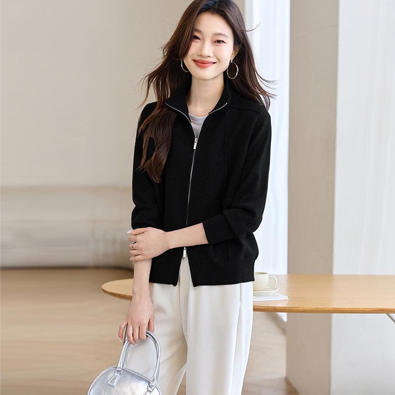 ニットカーディガン レディース 着痩せ ダブルジップ スタンドカラー ゆったり 長袖 無地 カジュアル アウター レーヨン混 ポリエステル素材 ミドル丈 切り替え ブラック グレー 日韓スタイル(3)